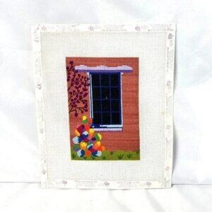 Needlepoint COMPLETED  Window with flowers tree red brick Vintage